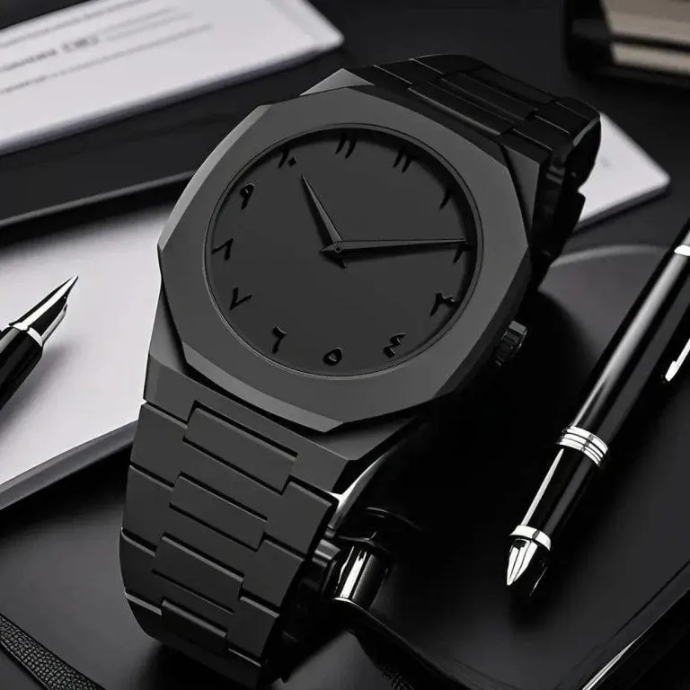 Men's Black Carbon Fiber Arabic Aura Watch With Butterfly Lock