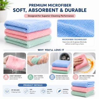 3 Piece Premium Microfiber Kitchen Cleaning Cloths Set