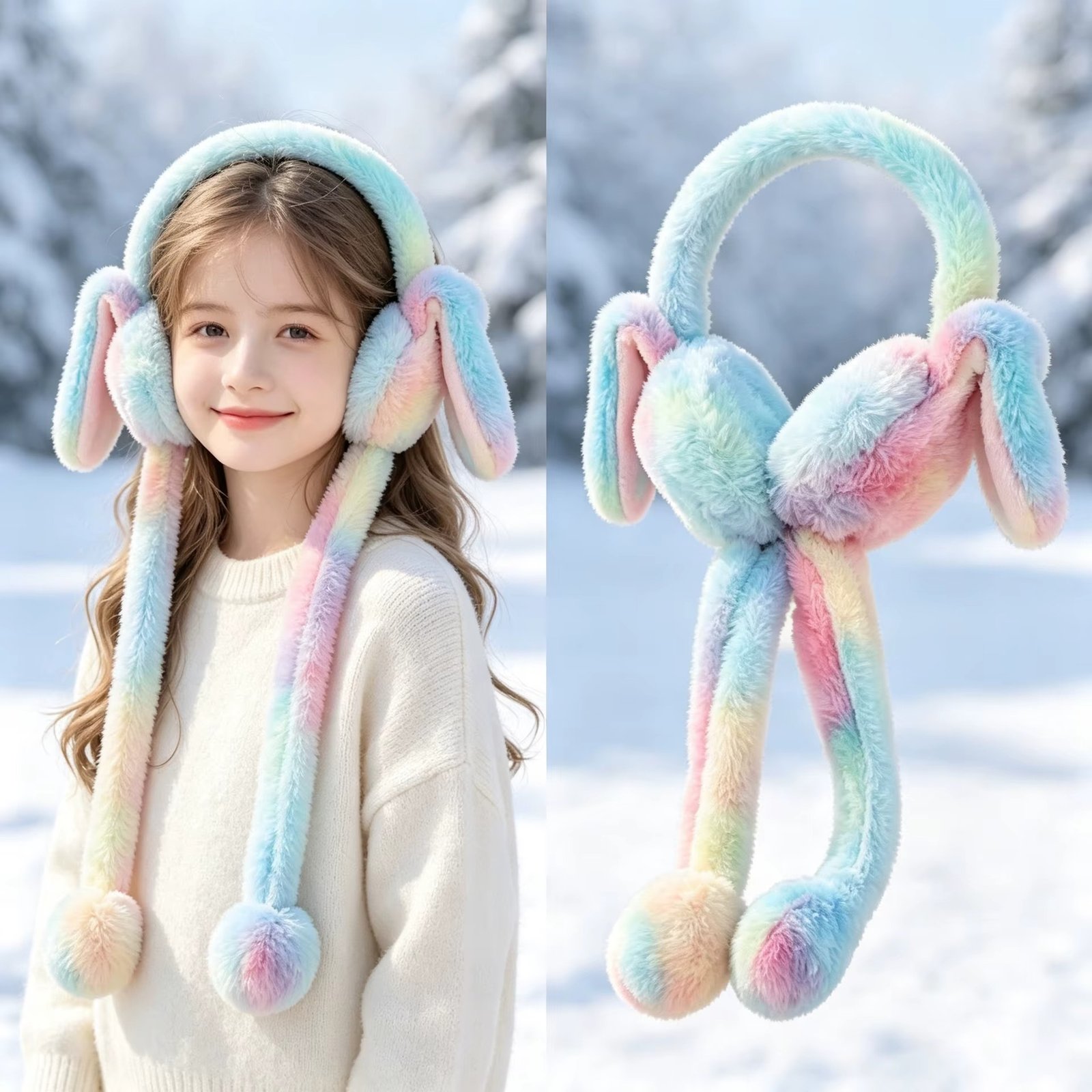 Cute Plush Bunny Ear Muffs – Soft Winter Ear Warmers with Cute Rabbit Ear Detail - Random Color