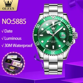 OLEVS 5885 Men's Watches Business Stainless Steel Strap Green Quartz Watch Waterproof Calendar Luminous High Quality Wristwatch